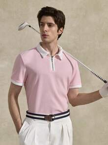 Courvante Men Quarter Zip Contrast Collar Tee, Short Sleeve Light Pink, For Golf Tennis, Business Commute & Boyfriend - Baby Pink - View 6