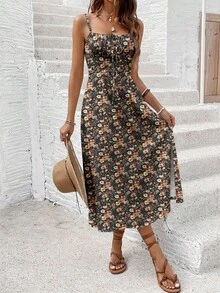 SHEIN Frenchy 女士休闲度假碎花中长连衣裙，高开衩，女士度假连衣裙，女士夏季服装 - 彩色 - 查看 3
