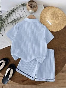 LMoss Kids Bộ 2 món áo sơ mi và quần short dệt kim thường ngày cho bé trai - Màu xanh nhạt - Xem 2