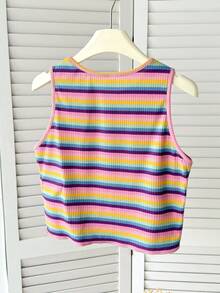 SHEIN Tween Girls Fashionable Cute Casual Colorful Striped Knit Decorated Sleeveless Tank Top - Multicolor - View 2