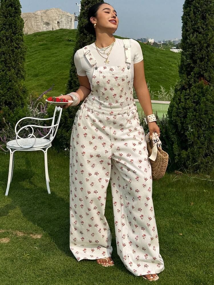 Dazy Plus Ditsy Floral All-Over Flower Denim Bib Pants, Casual Plus Size Women Denim Jumpsuit, Spring/Summer