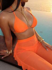 Slaydiva Bộ bikini gợi cảm cho kỳ nghỉ biển năm 2026 + Quần co giãn xếp ly độc đáo, Bộ 3 món gợi cảm, Bộ 3 món thanh lịch, Bộ 3 món cho kỳ nghỉ biển. - Màu Cam cháy - Xem 3