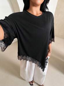 Rustia Plus Size Women Solid Color Lace Patchwork Casual T-Shirt - Black - View 6