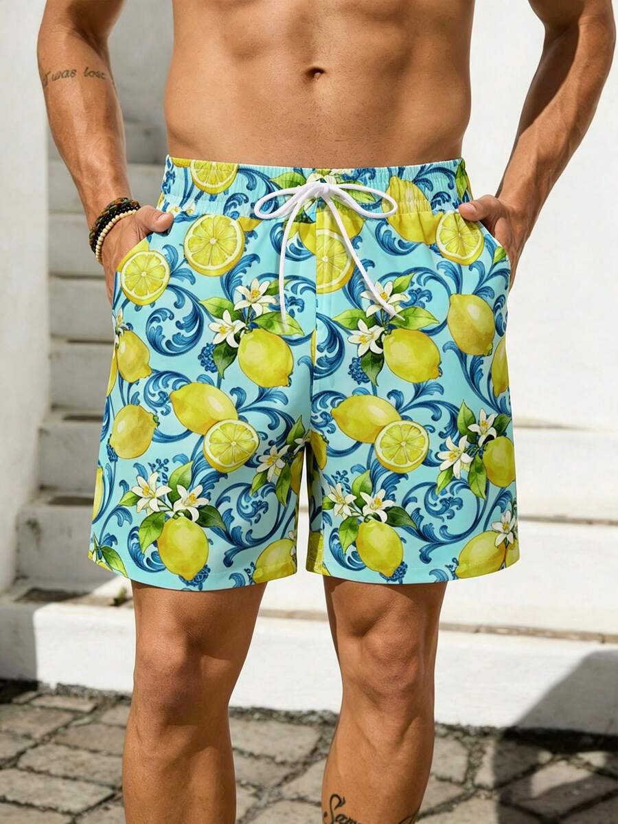 VIVINTIMO Men's Lemon Print Drawstring Waist Beach Shorts, Mesh Lining - Multicolor - View 1