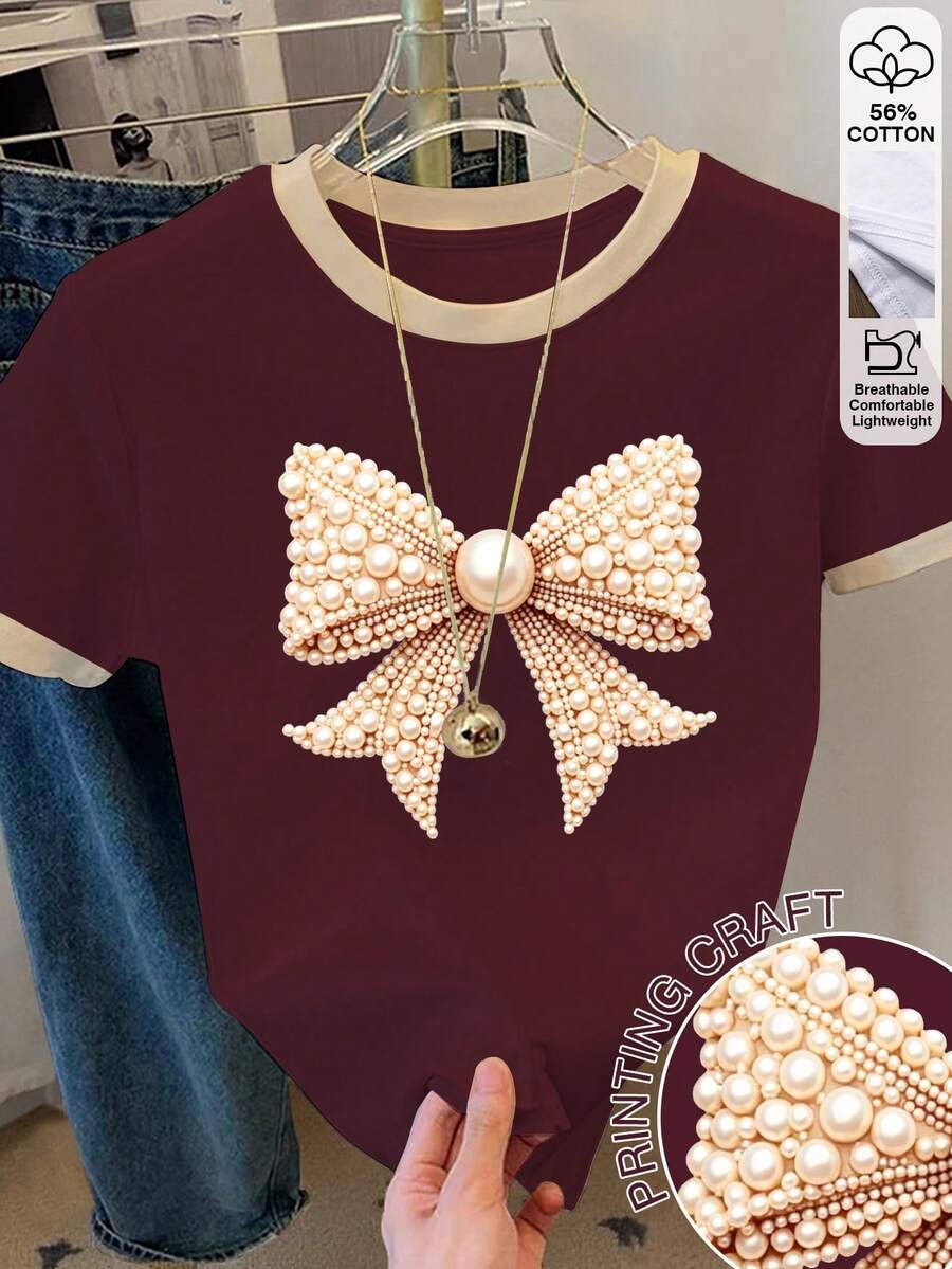 Women's Color Block Bow Print Round Neck T-Shirt - Multicolor - View 1