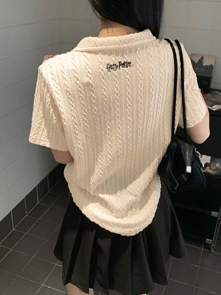 Women's Letter Embroidered Short Sleeve Polo Collar Casual T-Shirt
