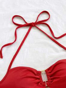 Soleia 两件套度假休闲条纹针织纹理金属扣吊带露脐上衣和短裤套装，适合派对、情人节、约会之夜、夜店、波西米亚风、复古风、假日等场合。 - 紅色 - 查看 5