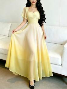 Modelyn Đầm in họa tiết ombre vàng, thiết kế cổ vuông tay bồng thời trang, dáng dài thanh lịch thắt eo, thích hợp cho kỳ nghỉ hè và mặc hàng ngày. - Nhiều màu - Xem 4