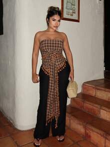 Maria Perezxox 法式复古格子流苏蝴蝶结短款吊带背心 - 棕色 - 查看 1