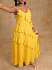 Brilight Women's Elegant Yellow Summer Tropical Garden Party Vacation Holiday Dress, Spaghetti Straps Irregular Lotus Leaf Hem Beach Sundress - Yellow - View 4