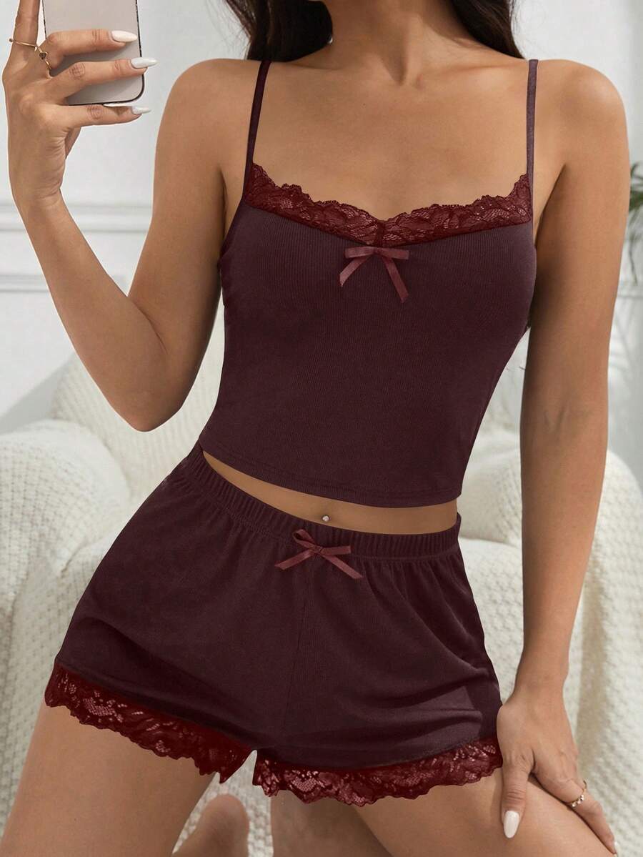 Women's Summer Solid Color Contrast Lace Slim Cropped Camisole And Shorts Pajama Set - Burgundy - View 1