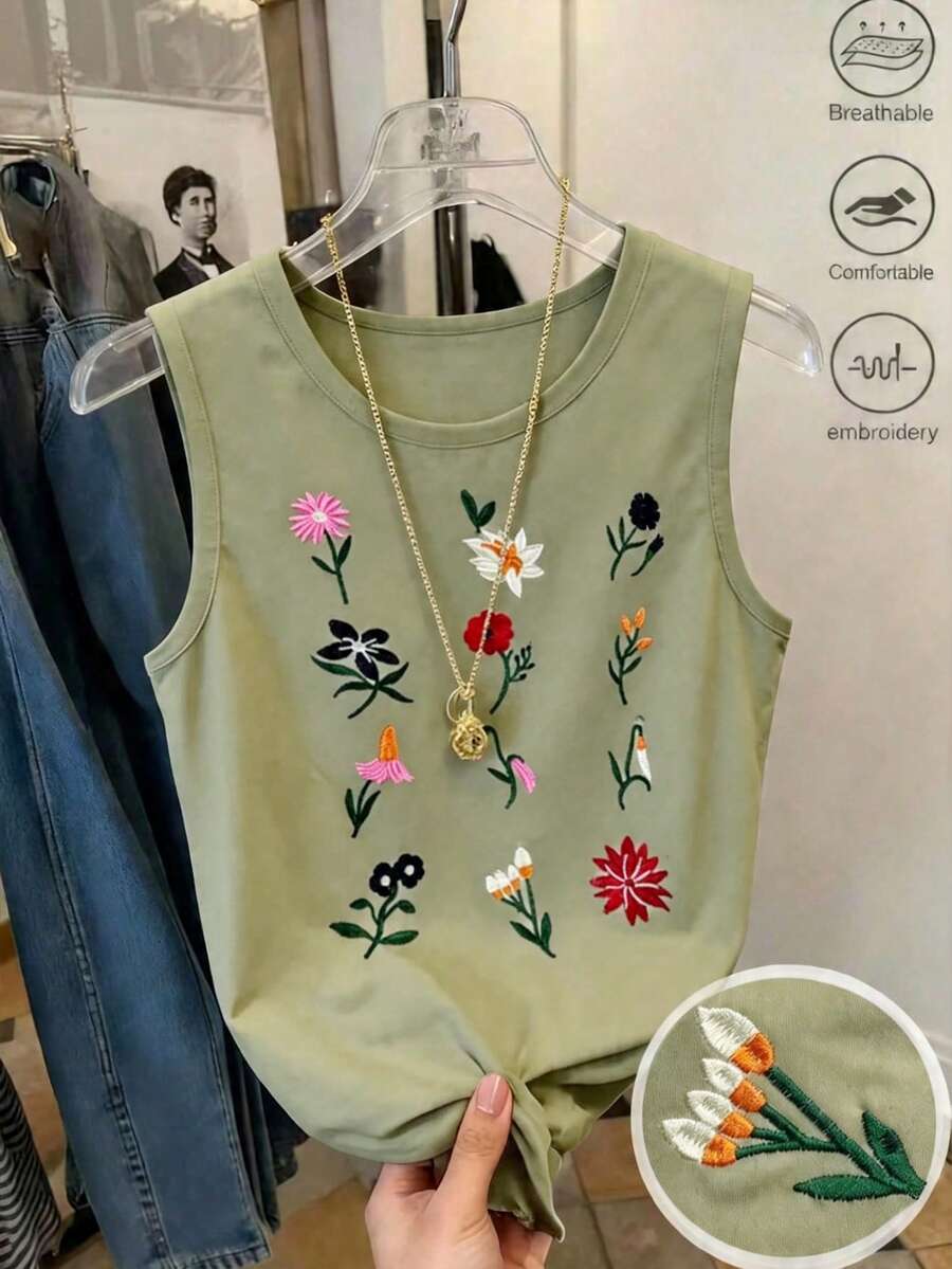 GlowEve 女士休闲常规短袖圆领背心,饰有鲜艳的花卉刺绣,女士无袖上衣 - 綠色 - 查看 1