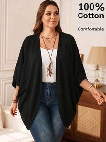 EMERY ROSE Plus Size Casual Solid Color Batwing Sleeve Jacket - Black - View 1