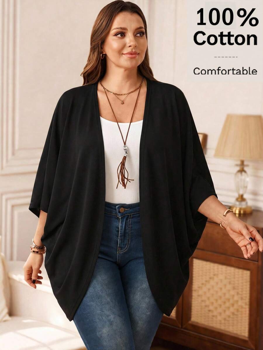 EMERY ROSE Plus Size Casual Solid Color Batwing Sleeve Jacket - Black - View 1