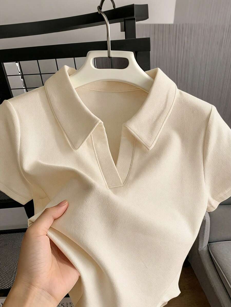 SHEIN Franclia 女款純色 Polo 領短袖休閒上衣 - 杏色 - 查看 1