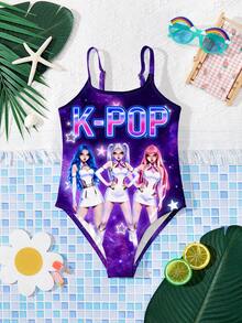 SHEIN 少女夏季海滩度假 K-Pop 卡通女团星空印花连体泳衣 - 彩色 - 查看 3