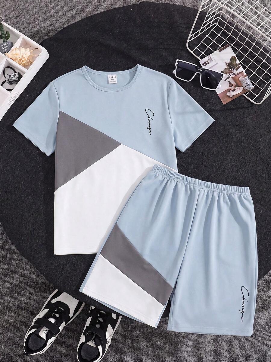 Teen Boy Casual Patchwork Color-Blocking Short Sleeve T-Shirt And Shorts Set, School, Campus, College - Blue - View 1