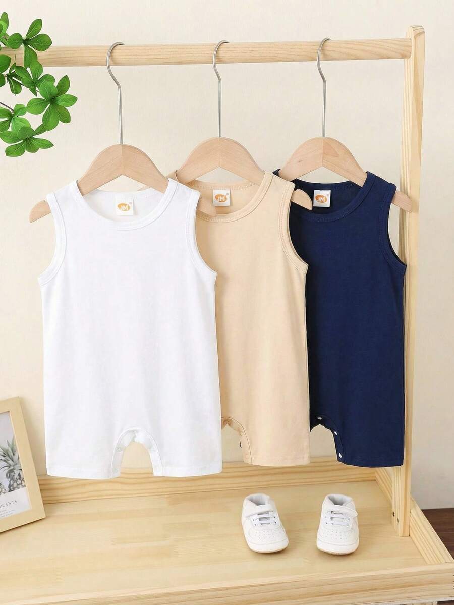 Bộ 3 món áo liền quần không tay họa tiết hoạt hình sọc dễ thương cho bé trai sơ sinh mùa hè - Nhiều màu - Xem 1
