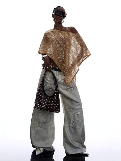 LYSMO 女士亮片露肩不对称下摆时尚罩衫，潮流嘻哈设计