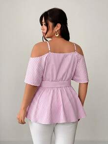 Elenzga Áo kiểu dáng dễ thương, dây mảnh, buộc nơ phía trước, cỡ lớn, kẻ sọc. - Hồng - Xem 5