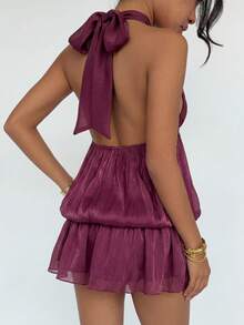 DAZY Women's Solid Color Halter Backless Tie Cinched Waist Flared Hem Elegant Sexy Summer Tank Top - Burgundy - View 3