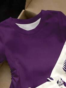 两件套少女休闲褶皱腰T恤和印花长裤套装，适合春夏日常穿着、街头风、外出和度假。 - 彩色 - 查看 4