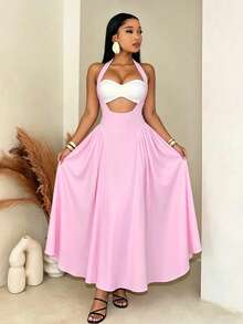 BamGleam 女士撞色镂空露背吊带连衣裙 - 彩色 - 查看 4