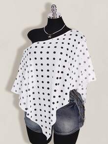 SHEIN ICON 大码女式波点印花不对称下摆休闲上衣 - 白色 - 查看 7