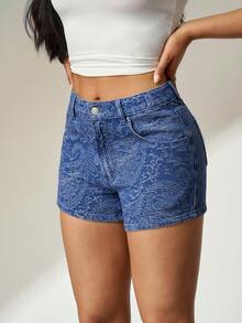 Flexra 女士休闲腰果印花度假风牛仔短裤 - 中等水洗藍 - 查看 8