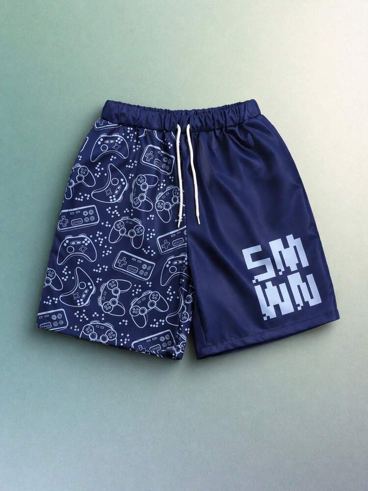 Short de bain pour garçons préados avec thème gaming, imprimé de manette et design de logo pixélisé, pour la plage et la piscine