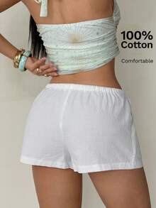 SHEIN PETITE Women Casual Modest Loose Drawstring Solid Color Shorts, Versatile For Everyday Wear White Linen Shorts Beach Summer - White - View 2
