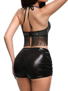 女士性感时尚先锋朋克风流苏亮片上衣+内裤两件套 - 黑色 - 查看 2