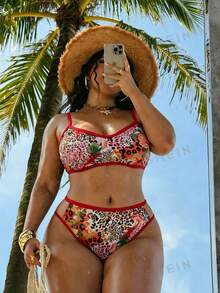 SHEIN Swim SXY 2pcs Plus Size Women Floral Print Spaghetti Strap Triangle Bikini Swimsuit, Sexy Vacation - Multicolor - View 4