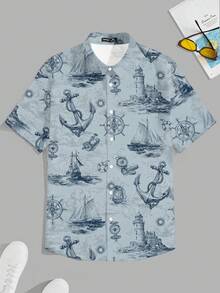 VIVINTIMO Men's Summer Vacation Anchor Print Button Front Short Sleeve Shirt, Holiday - Dusty Blue - View 3
