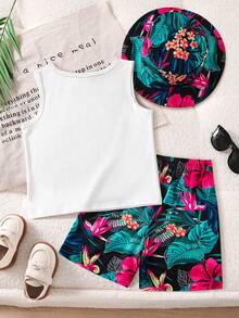 SHEIN Playful Pals Bộ đồ đi biển mùa hè 3 món cho bé trai | Áo tank top trắng không tay kiểu Hawaii cho bé trai/bé gái + Quần short in họa tiết nhiệt đới màu xanh "SUMMER TIME" + Mũ chống nắng cùng màu | Áo khoác ngoài đồ bơi đi biển | Trang phục chơi nước | Bộ đồ ngoài trời cho bé 4-7 tuổi | Bộ quần short và mũ thoải mái cho chuyến đi biển gia đình | Trang phục mùa hè mát mẻ - Nhiều màu - Xem 4