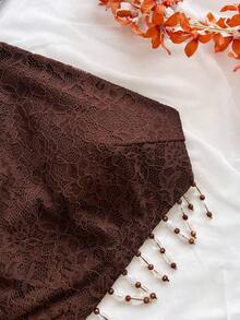 Soleia Women's Coffee Brown Summer Boho Beach Holiday Holiday 2-Piece Set,Elegant Halter Beaded Tassel Tie-Up Ruffle Lace Outfit For Vacation Wedding Guest - Brown - View 5