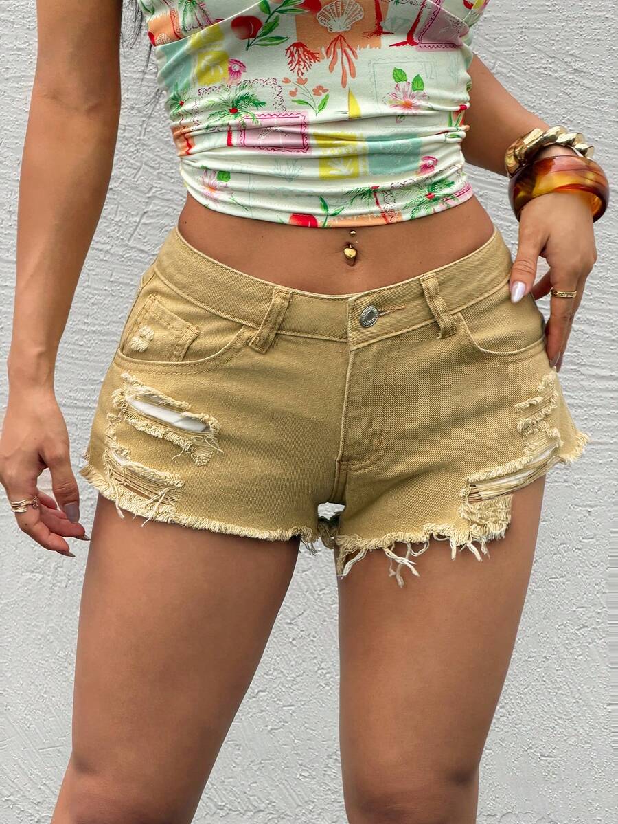 Rivivi 夏季休闲破洞低腰牛仔短裤 - 卡其色 - 查看 1
