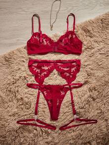 HautHeat 5件套女士刺绣网眼性感内衣套装，适合外出穿着 - 酒紅色 - 查看 2
