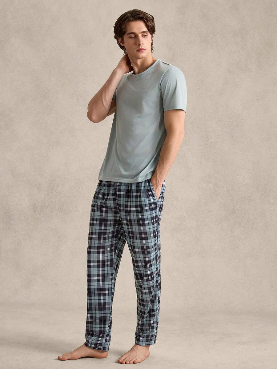 EverLounge Men's Solid Color Short Sleeve T-Shirt And Plaid Pants Homewear Set - Baby Blue - View 1