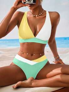 Swim Vcay Women's V-Neck Textured Striped Tankini Swimwear Set - Multicolor - View 4