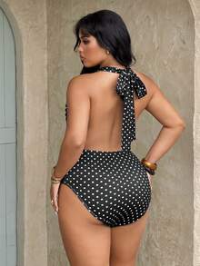 Rustia 夏季新款优雅度假法式可爱甜美波点印花露背深V领连体裤，收腰设计，露背沙滩装 - 黑與白 - 查看 2