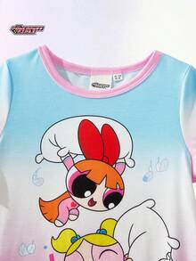 THE POWERPUFF GIRLS X SHEIN Maija Kids 少女休闲可爱IP合作款印花短袖睡裙，彩色扎染撞色荷叶边袖口 - 彩色 - 查看 4
