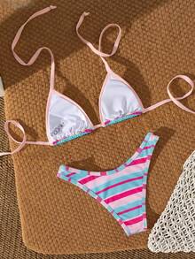 Bonvoyette Swim Vcay 优雅女士 2026 多色波点沙滩泳衣，清新撞色动物纹印花，超柔软塑形弹力罗纹针织挂脖三角比基尼套装，可调节系带挂脖比基尼上衣（带可拆卸胸垫），Y2K 美学高衩性感比基尼下装（撞色条纹图案）。 - 粉色 - 查看 2