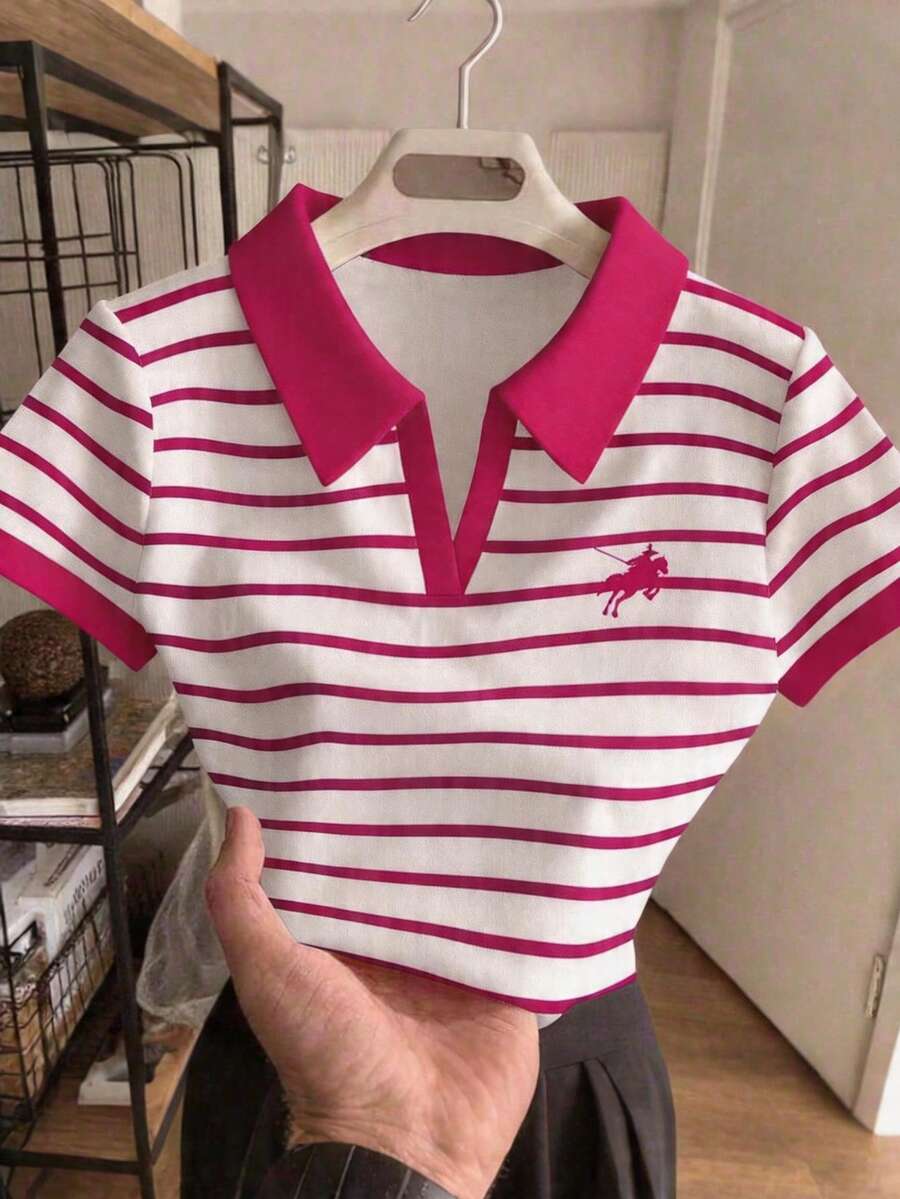 Rovax Women's Short Polo Shirt With Striped Horse Riding Print, Contrast Color Collar - Multicolor - View 1