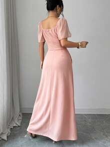 Nuevo 2026 Vestido elegante y romántico para mujer con cuello cuadrado y cintura ceñida, de manga corta - Rosa coral - Ver 2