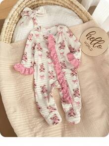 SHEIN Newborn Baby  Cute Knitted Cartoon Bear Pattern Romper With Headband Set - White - View 9