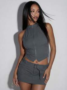 Normani 女士夏季休闲简约纯色拉链前开露背吊带上衣和系带半身裙两件套 - 深灰色 - 查看 3