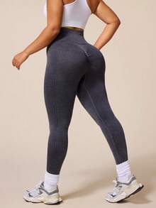 Rhythm Era 1 chiếc + Quần legging dài 7/8 (dáng thường) + Vải thấm hút mồ hôi / Giặt mài / Cạp cao + Thiết kế gân / Cơ bản / Màu xám mài + Quần yoga thể thao - Xám - Xem 2