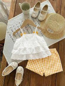 Babygirl Summer Cute Vacation Ruffle Camisole Top And Plaid Shorts Set - Yellow - View 2