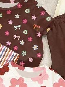 Set de 3 piezas de camiseta y leggings de primavera y verano con estampado floral y de rayas, de moda, cómodo y elegante para niñas, adecuado para uso casual al aire libre y de vacaciones - Multicolor - Ver 4